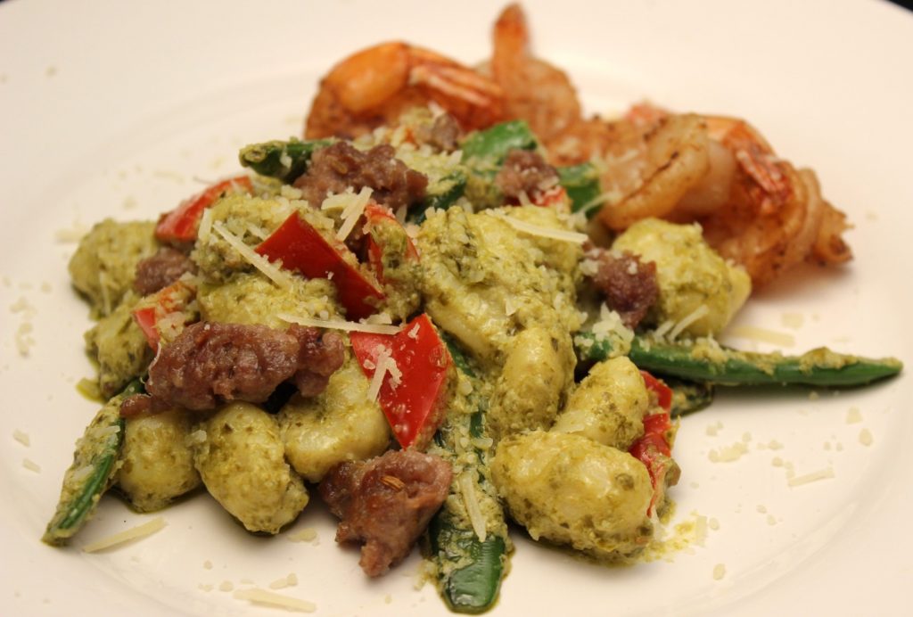 Creamy Pesto with Shrimp & Sausage over Gnocchi